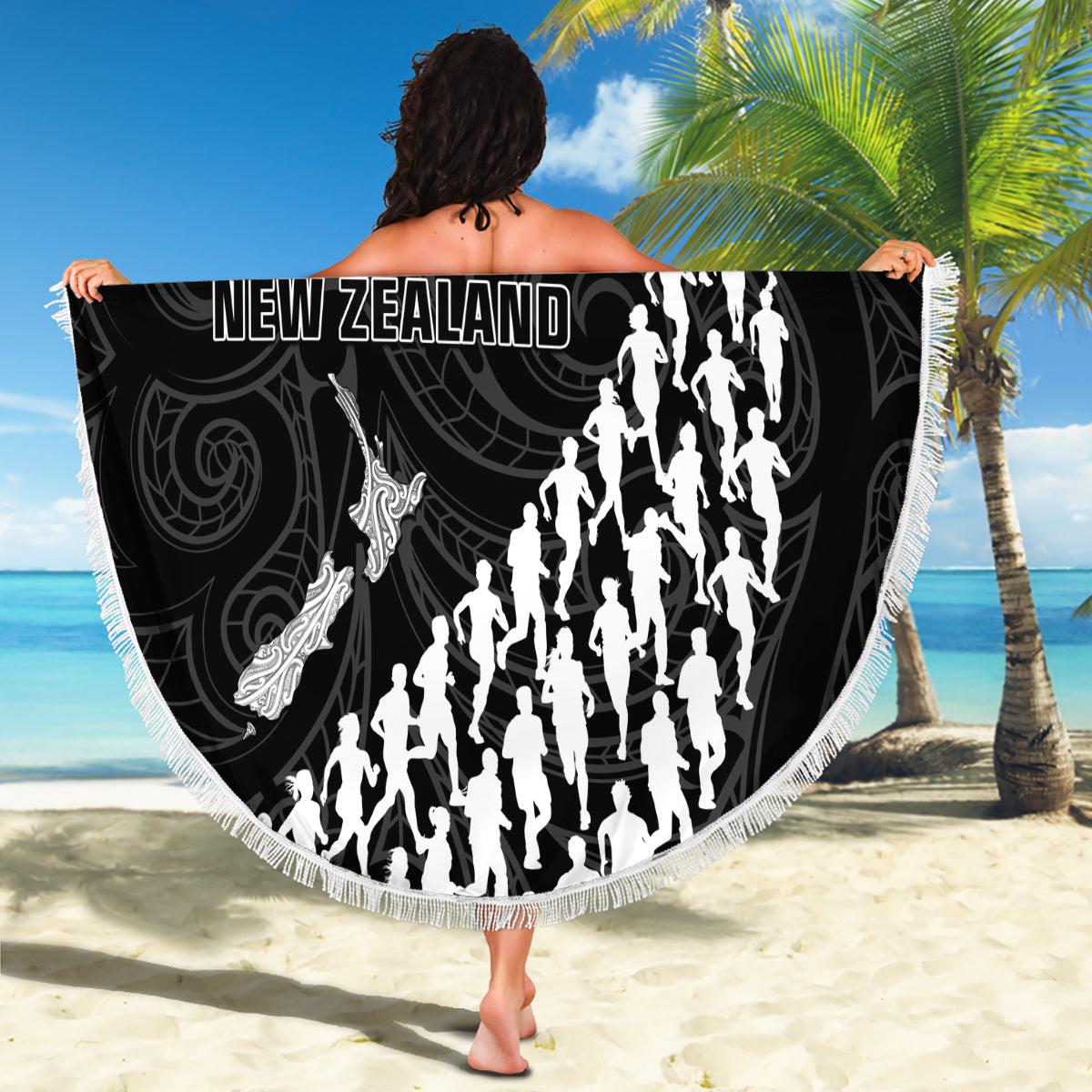 Benutzerdefinierte Neuseeland Haka Rugby Stranddecke 2024 Pacific Go Black Silver Fern LT14