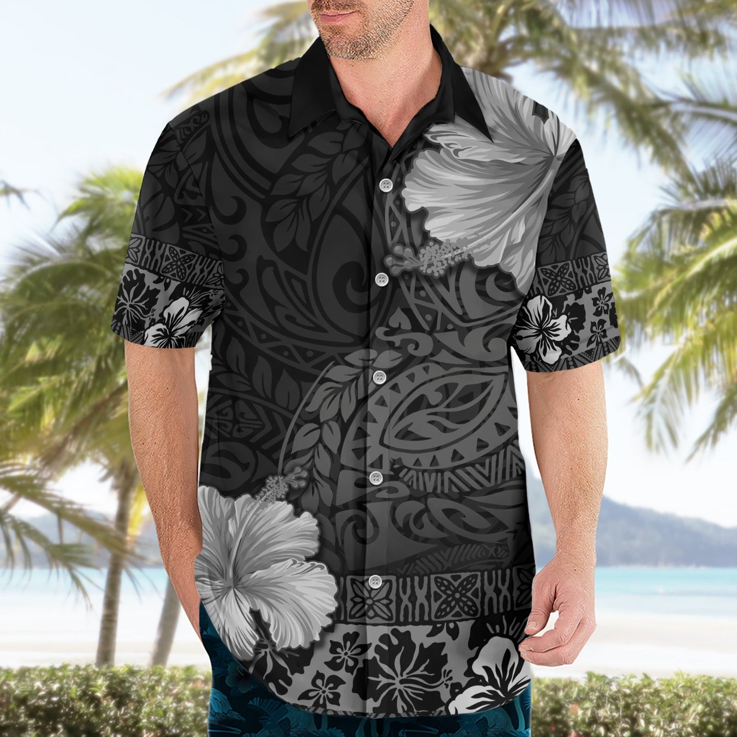 Hawaii Hibiskus mit schwarzem polynesischem Muster Hawaiihemd LT05