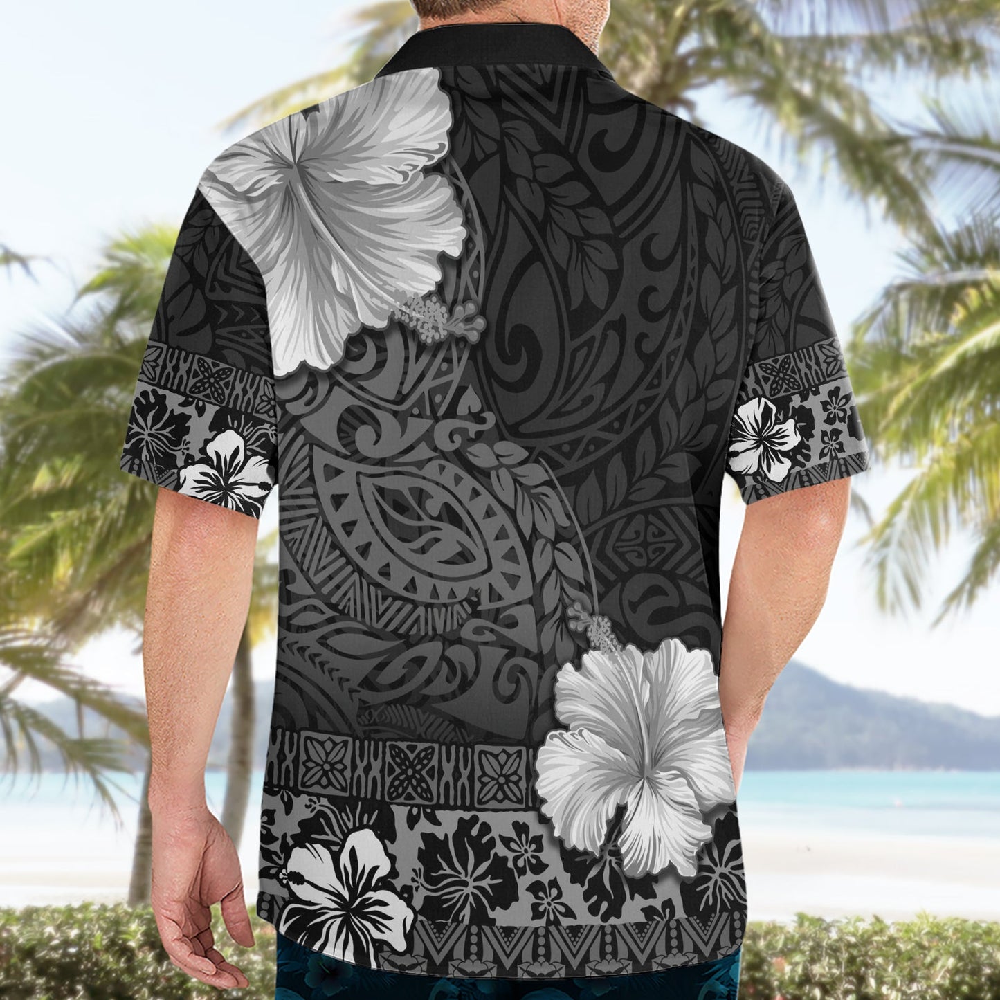 Hawaii Hibiskus mit schwarzem polynesischem Muster Hawaiihemd LT05