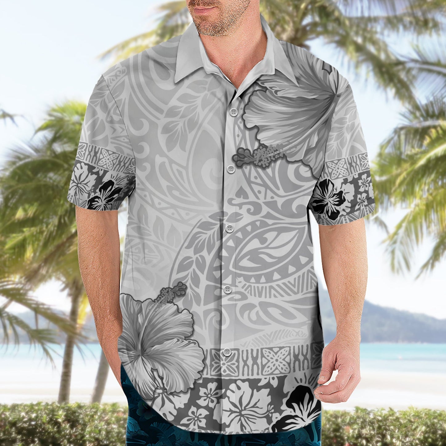 Hawaii Hibiskus mit weißem polynesischen Muster Hawaiihemd LT05