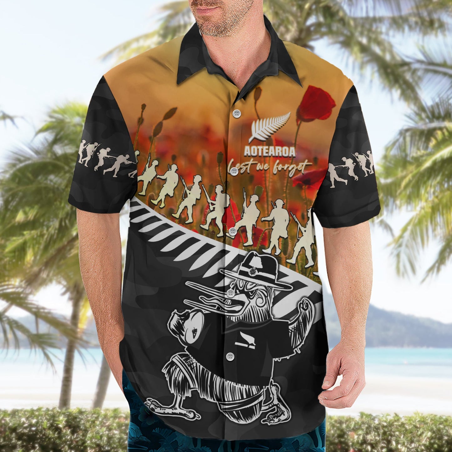 Neuseeland ANZAC Rugby Hawaiihemd Soldier Fern mit Kiwi-Vogel LT05