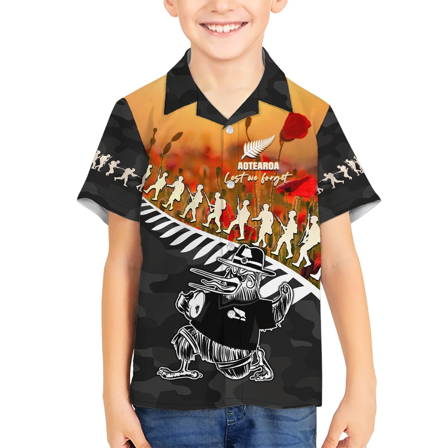 Neuseeland ANZAC Rugby Hawaiihemd Soldier Fern mit Kiwi-Vogel LT05