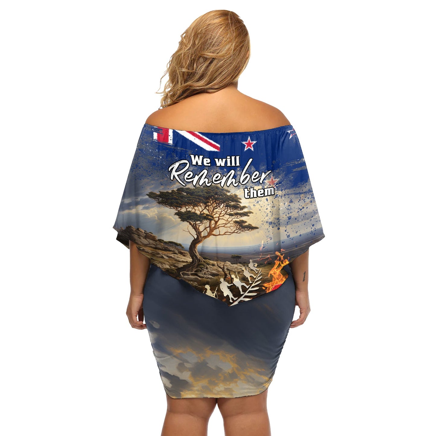 Neuseeland ANZAC Day Schulterfreies Kurzes Kleid blumen The Lonesome Pine With Soldier Fern LT05
