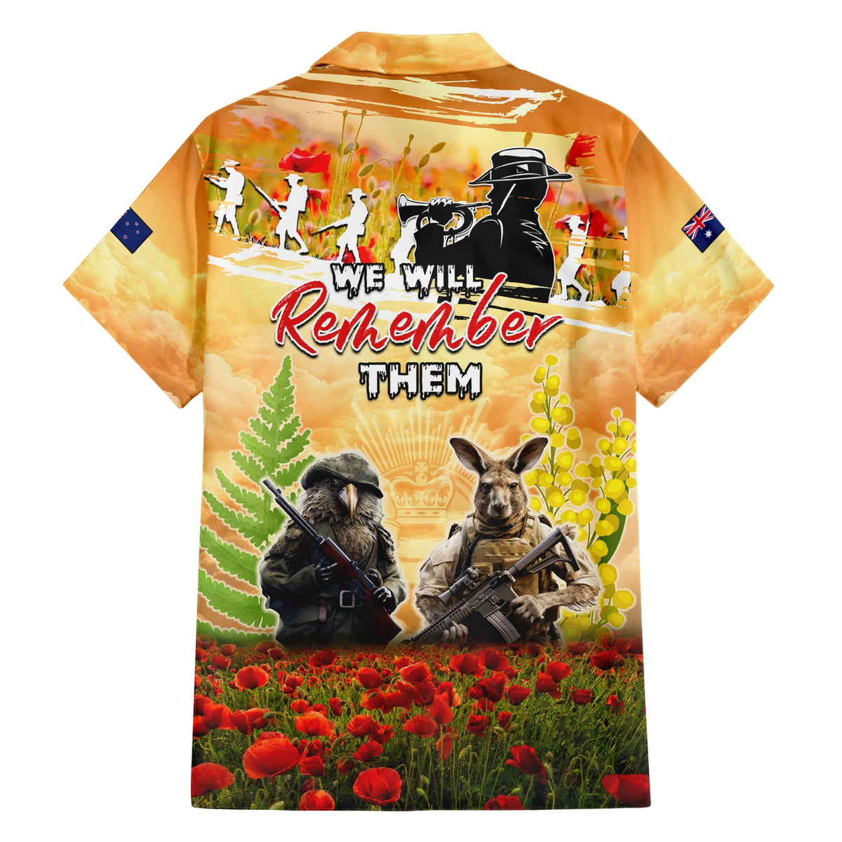 Australien und Neuseeland ANZAC Day Hawaiihemd Känguru und Kiwi Vogel Soldaten Lest We Forget LT05