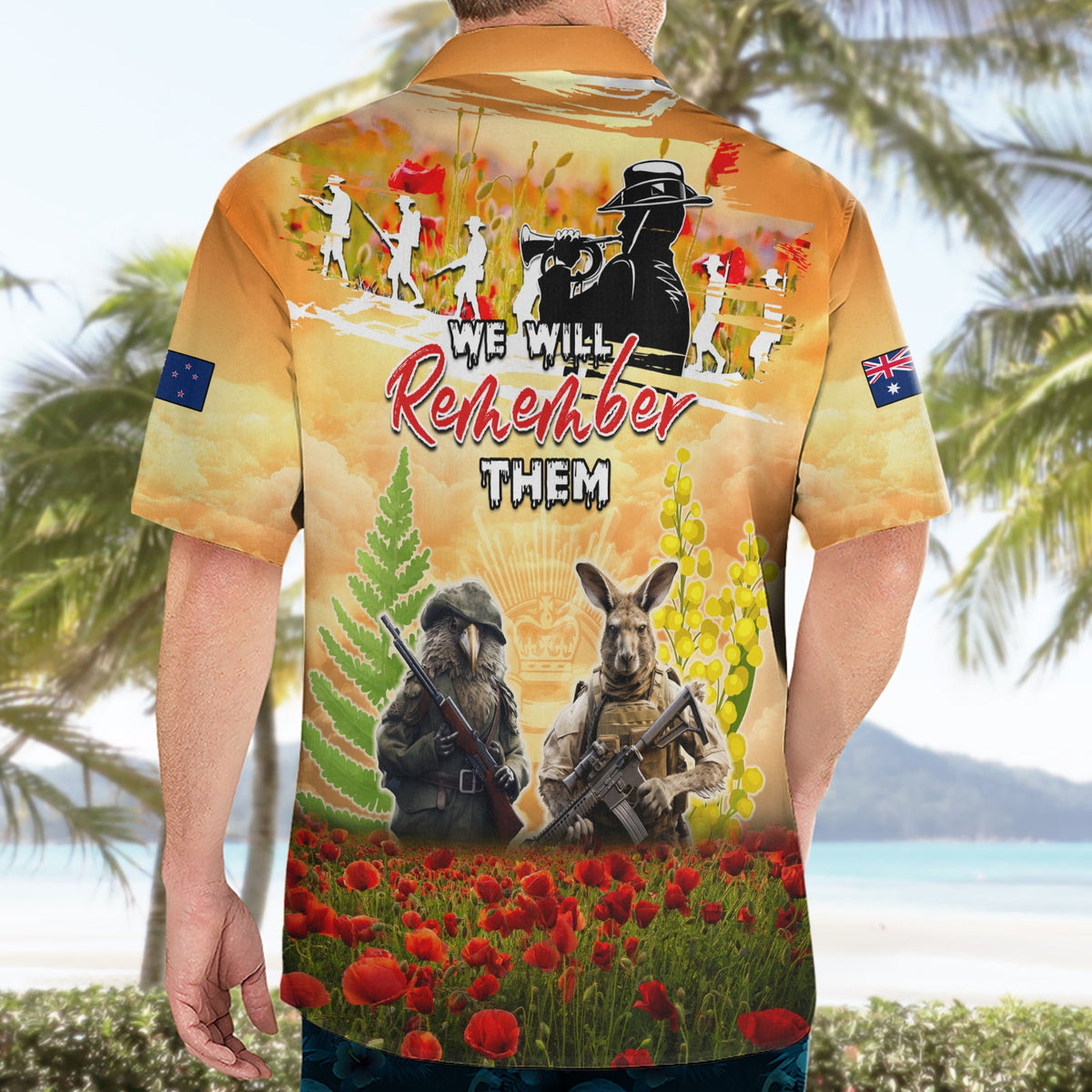 Australien und Neuseeland ANZAC Day Hawaiihemd Känguru und Kiwi Vogel Soldaten Lest We Forget LT05