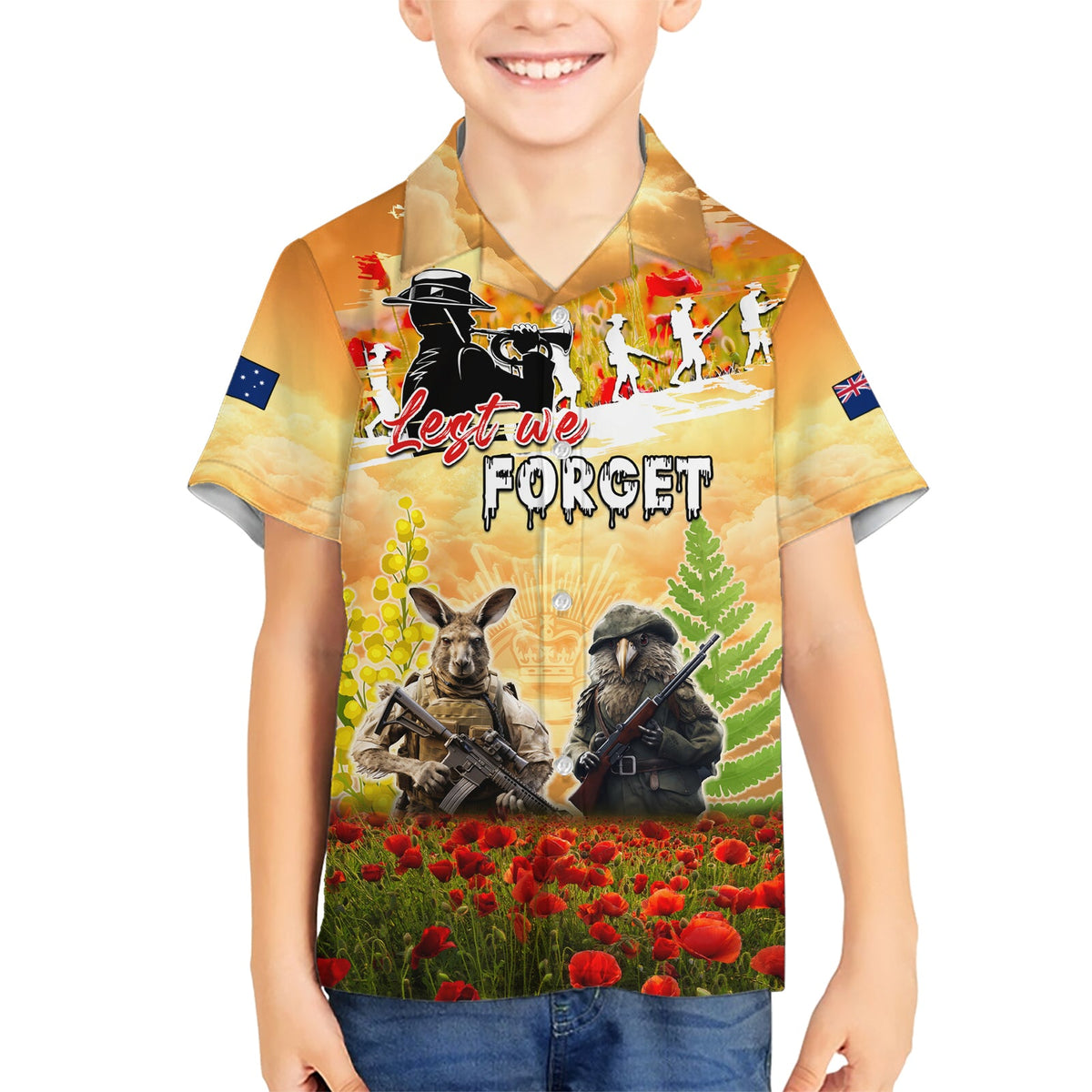 Australien und Neuseeland ANZAC Day Hawaiihemd Känguru und Kiwi Vogel Soldaten Lest We Forget LT05