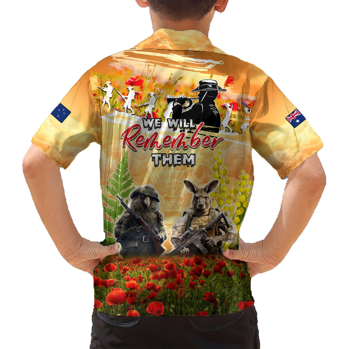 Australien und Neuseeland ANZAC Day Hawaiihemd Känguru und Kiwi Vogel Soldaten Lest We Forget LT05