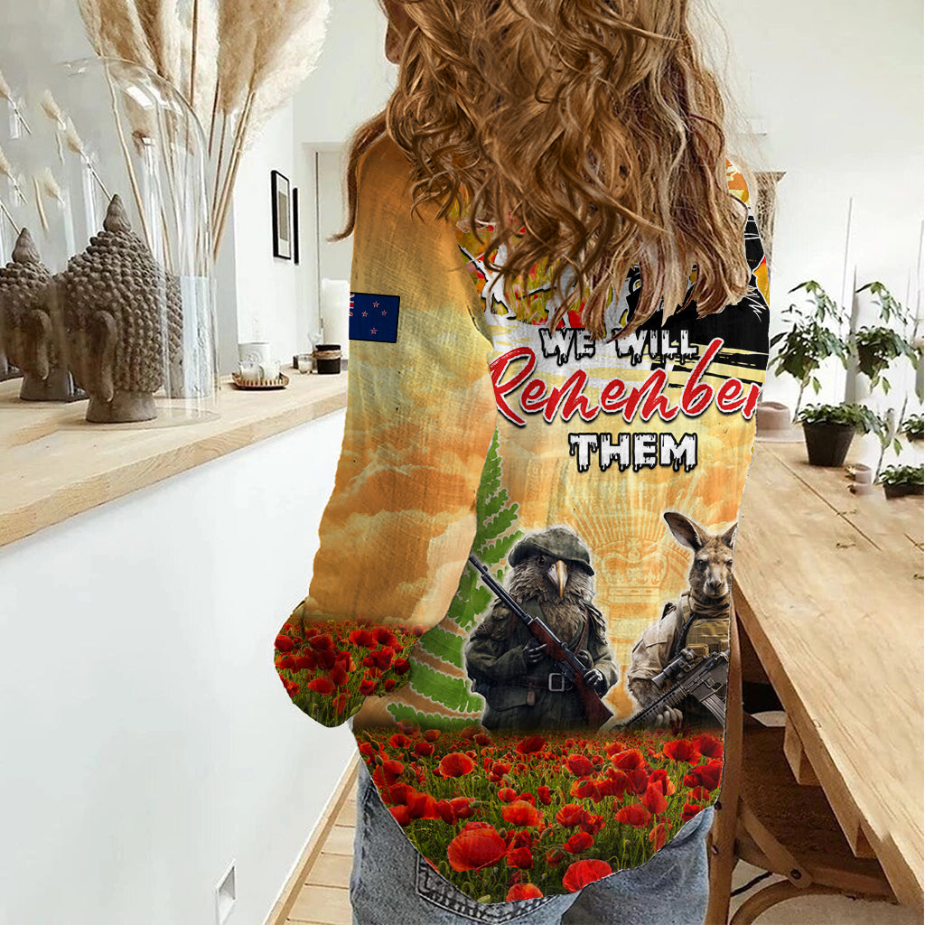 Australien und Neuseeland ANZAC Day Frauen Casual Shirt Känguru und Kiwi Vogel Soldaten Lest We Forget LT05