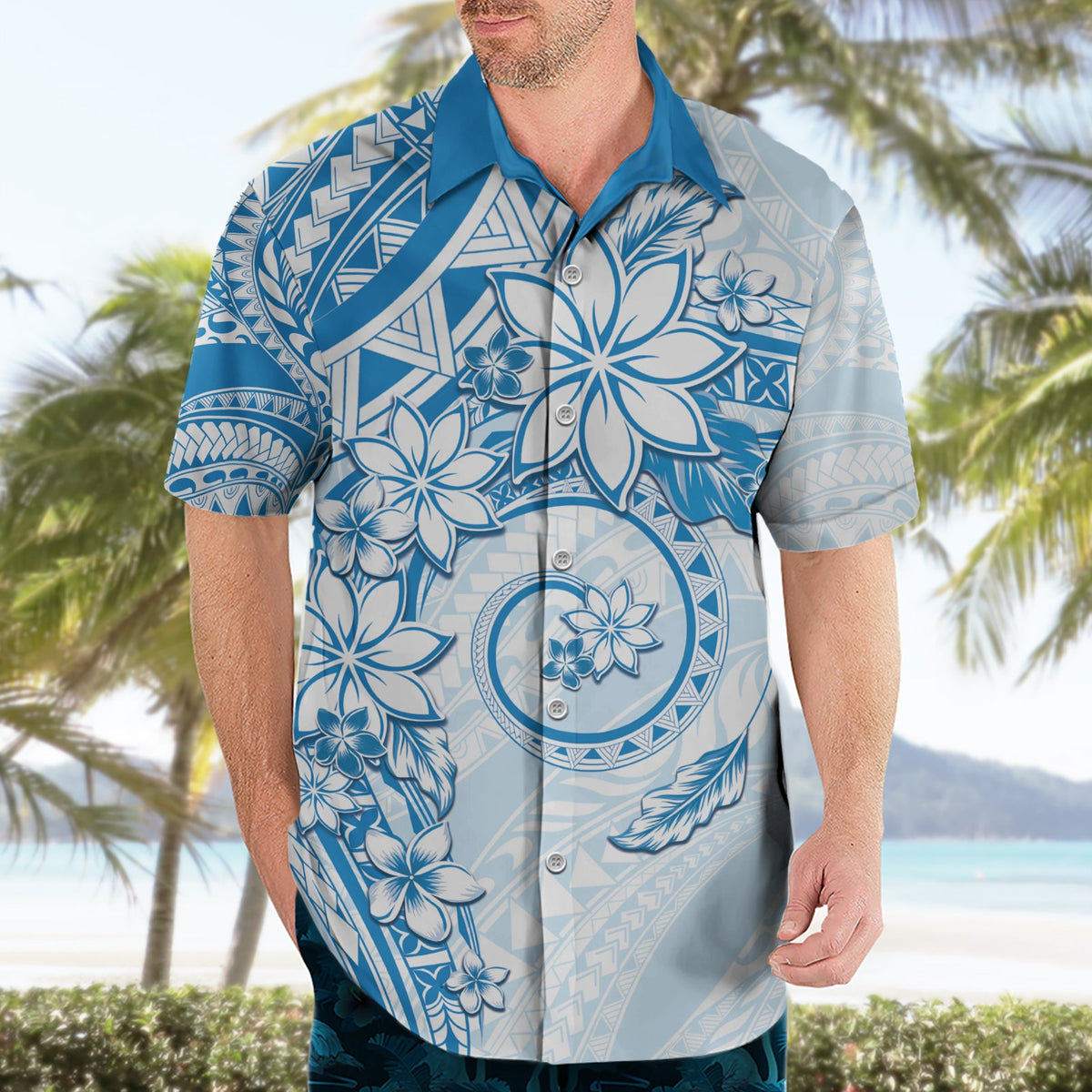 Polynesisches Muster mit Plumeria Blumen Hawaiihemd Blau LT05