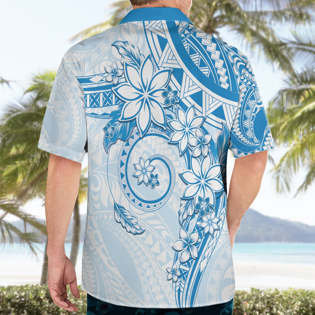 Polynesisches Muster mit Plumeria Blumen Hawaiihemd Blau LT05