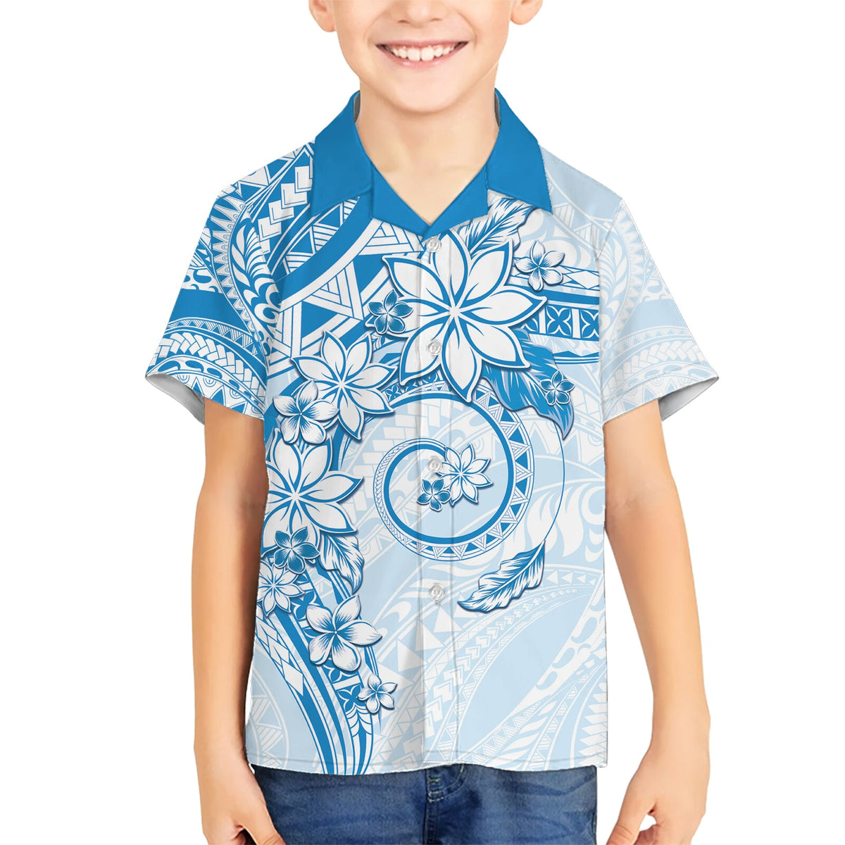 Polynesisches Muster mit Plumeria Blumen Hawaiihemd Blau LT05