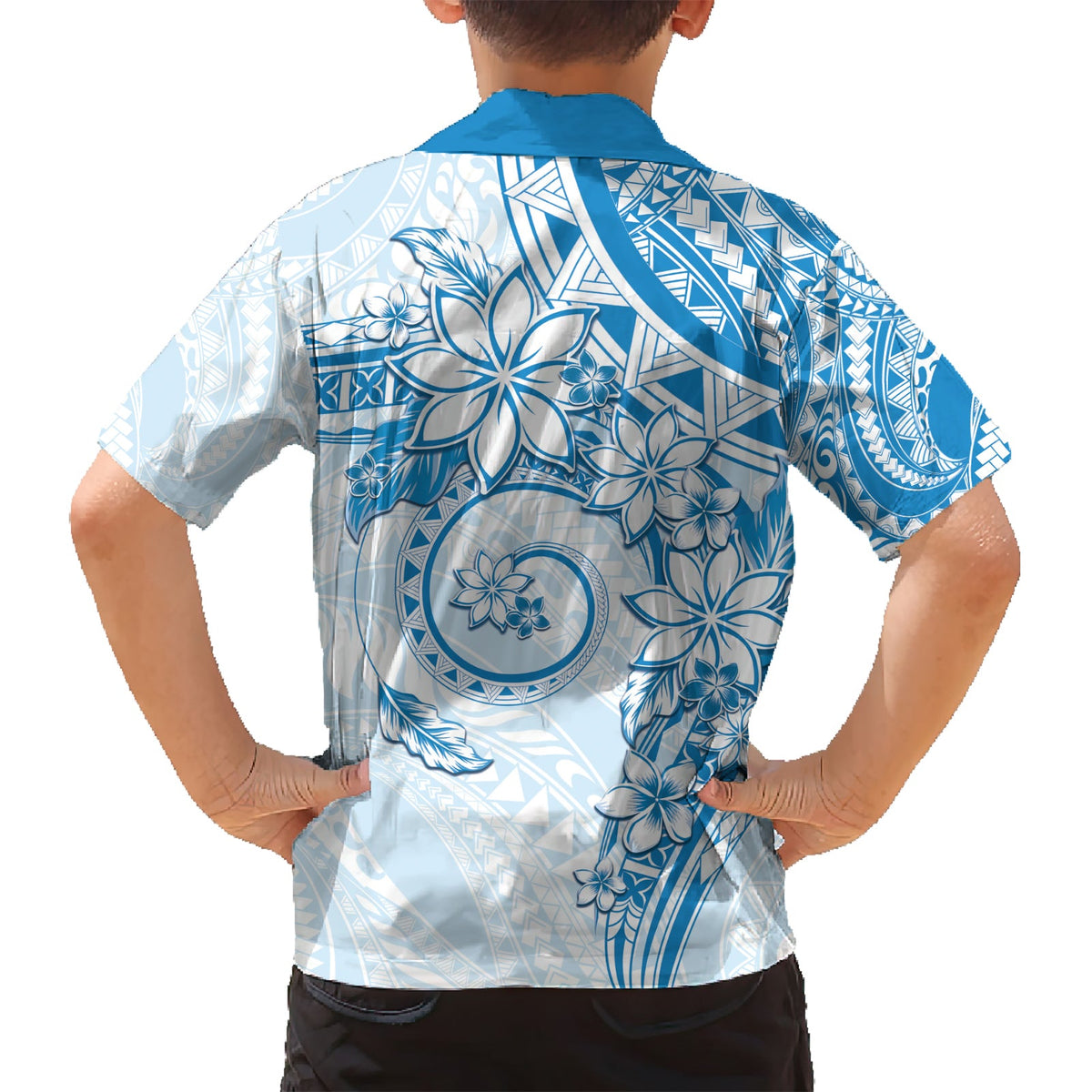 Polynesisches Muster mit Plumeria Blumen Hawaiihemd Blau LT05