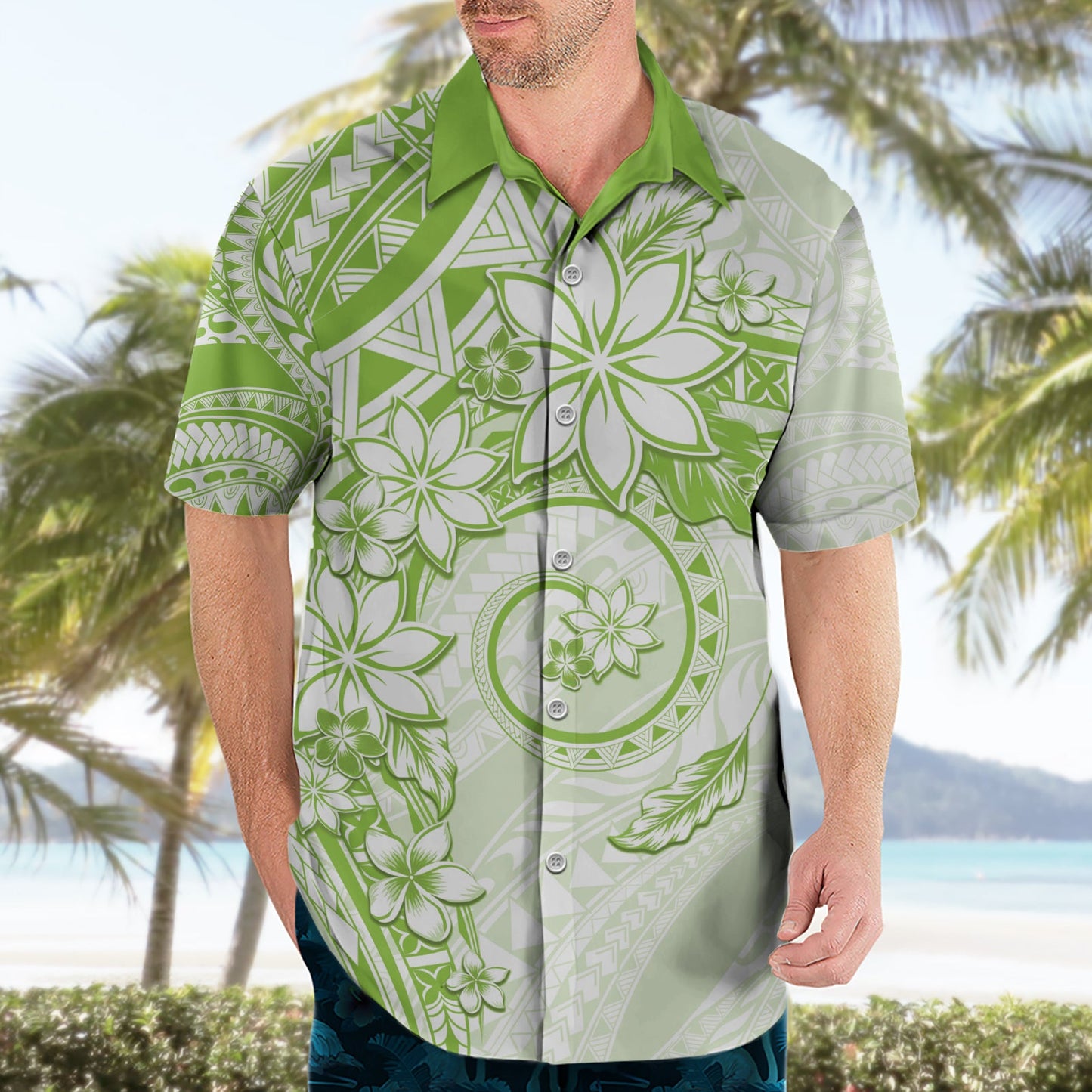 Polynesisches Muster mit Plumeria Blumen Hawaiihemd Lime Green LT05