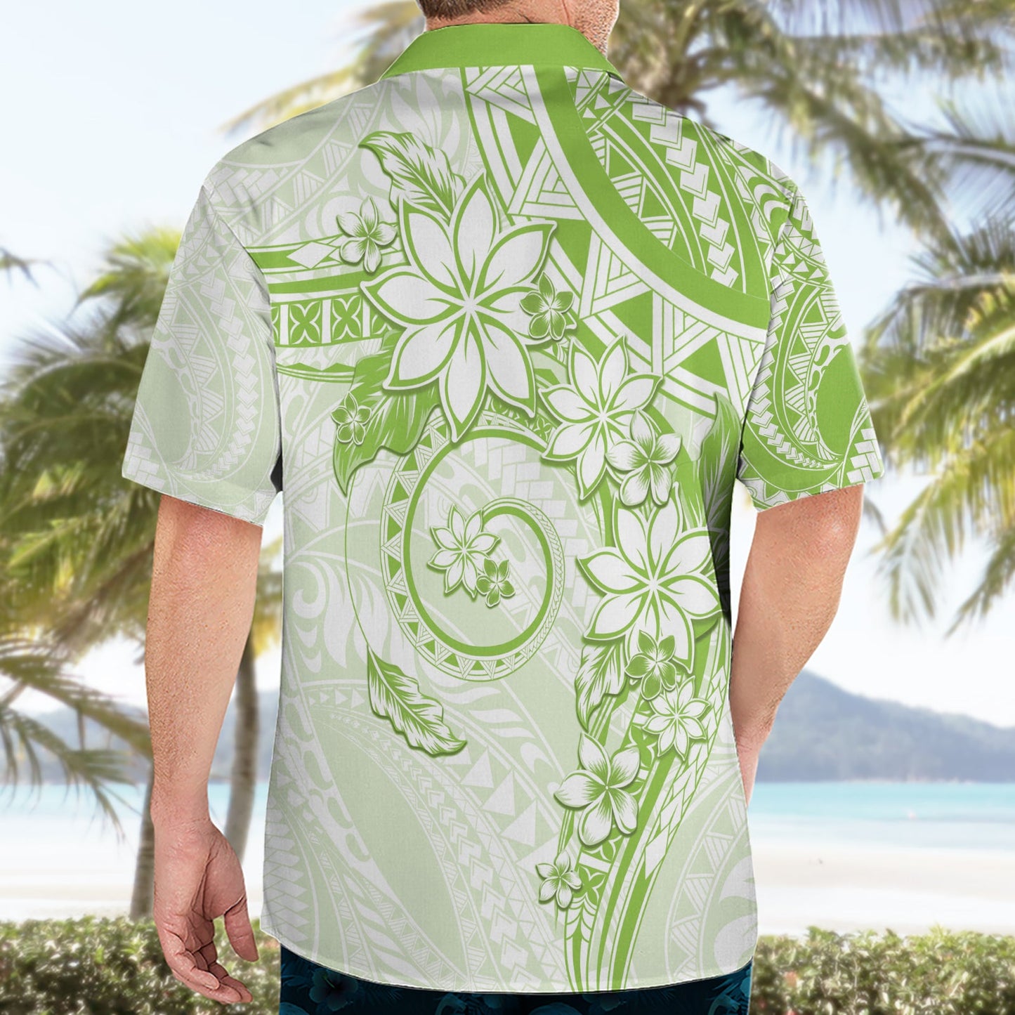 Polynesisches Muster mit Plumeria Blumen Hawaiihemd Lime Green LT05