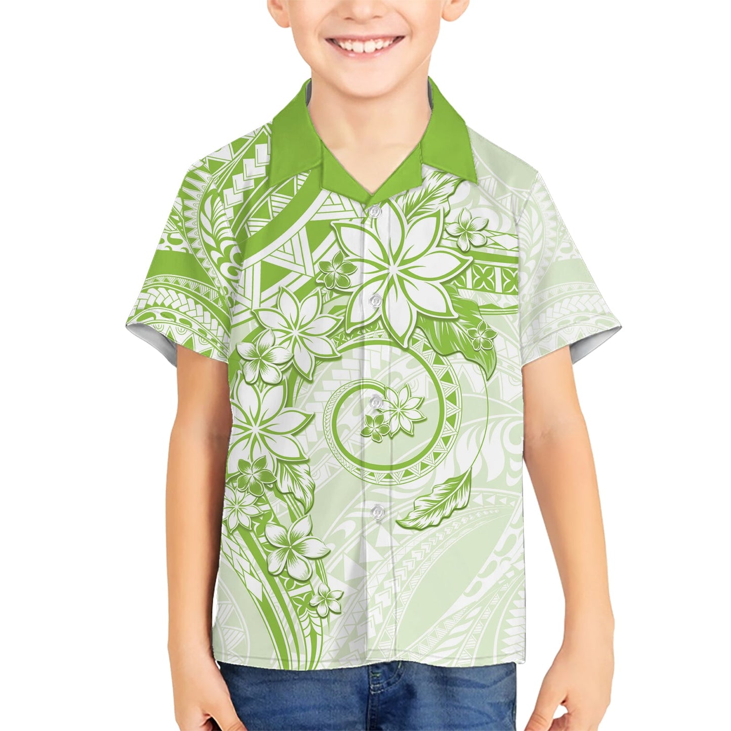 Polynesisches Muster mit Plumeria Blumen Hawaiihemd Lime Green LT05