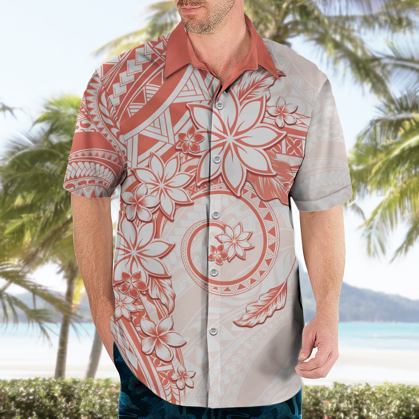 Polynesisches Muster mit Plumeria Blumen Hawaiihemd Orange Pfirsich LT05