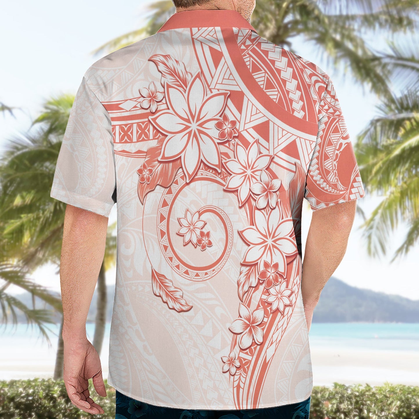 Polynesisches Muster mit Plumeria Blumen Hawaiihemd Orange Pfirsich LT05