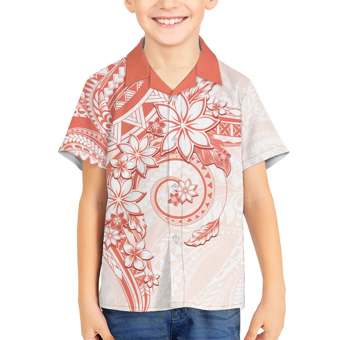Polynesisches Muster mit Plumeria Blumen Hawaiihemd Orange Pfirsich LT05