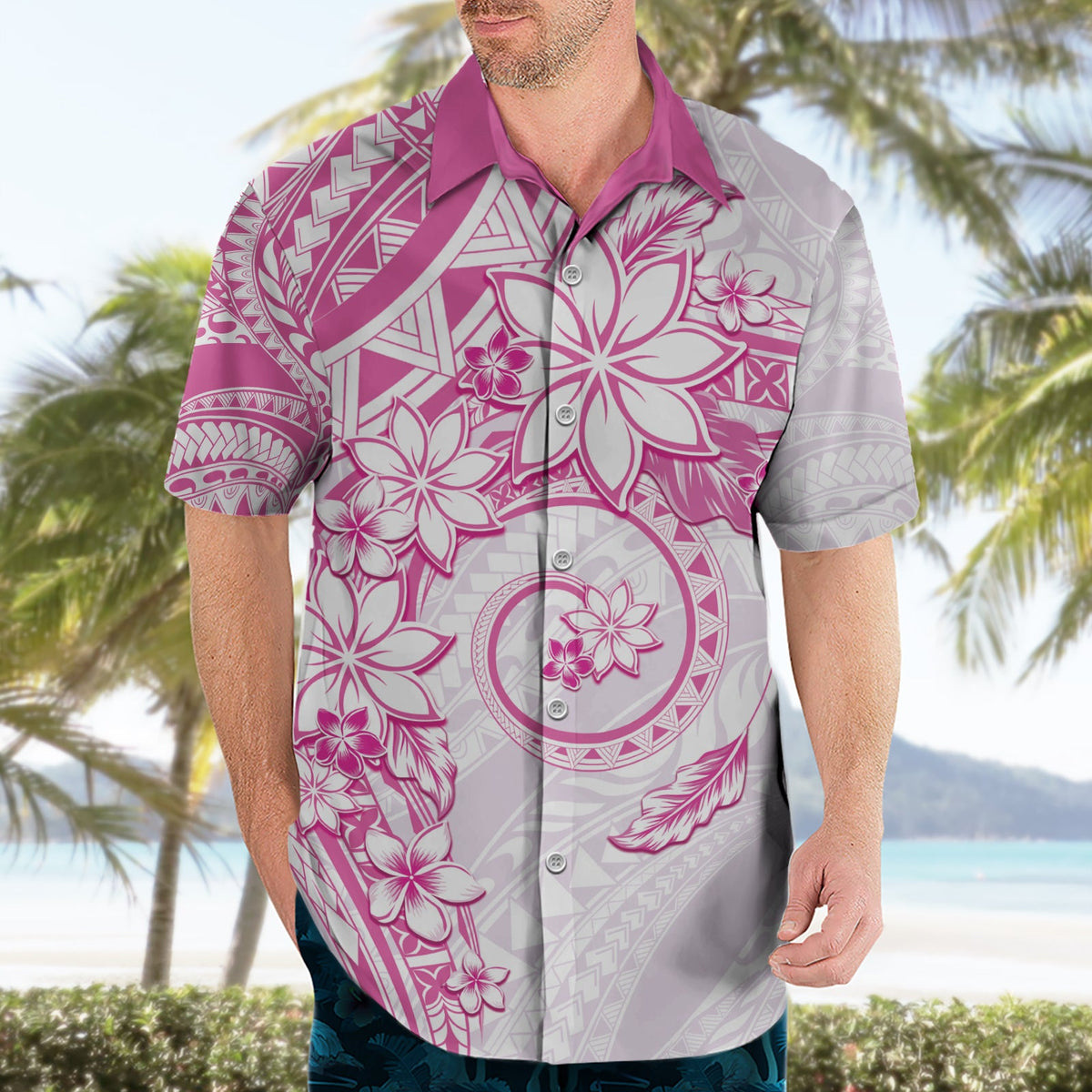 Polynesisches Muster mit Plumeria Blumen Hawaiihemd Rosa LT05