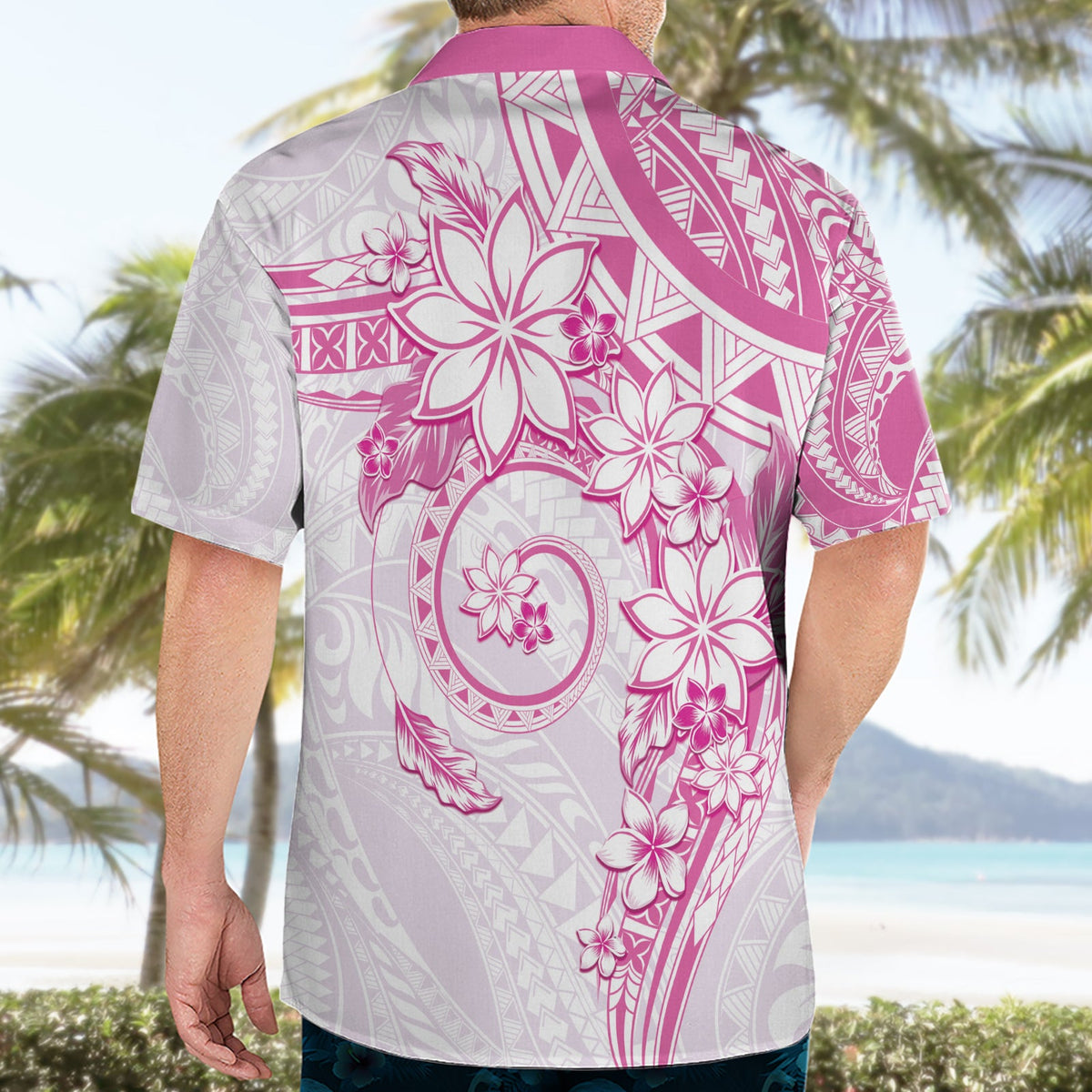 Polynesisches Muster mit Plumeria Blumen Hawaiihemd Rosa LT05