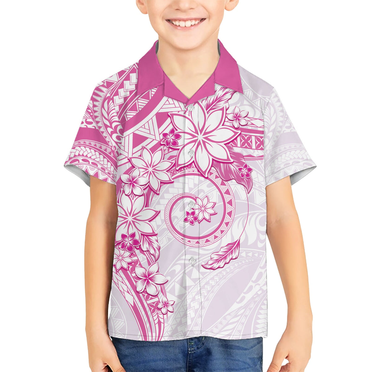 Polynesisches Muster mit Plumeria Blumen Hawaiihemd Rosa LT05