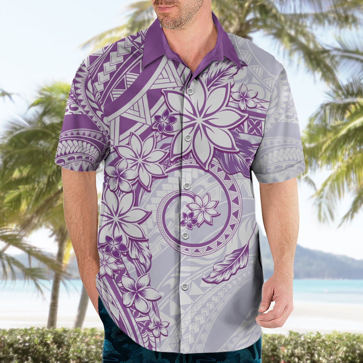 Polynesisches Muster mit Plumeria Blumen Hawaiihemd Lila LT05