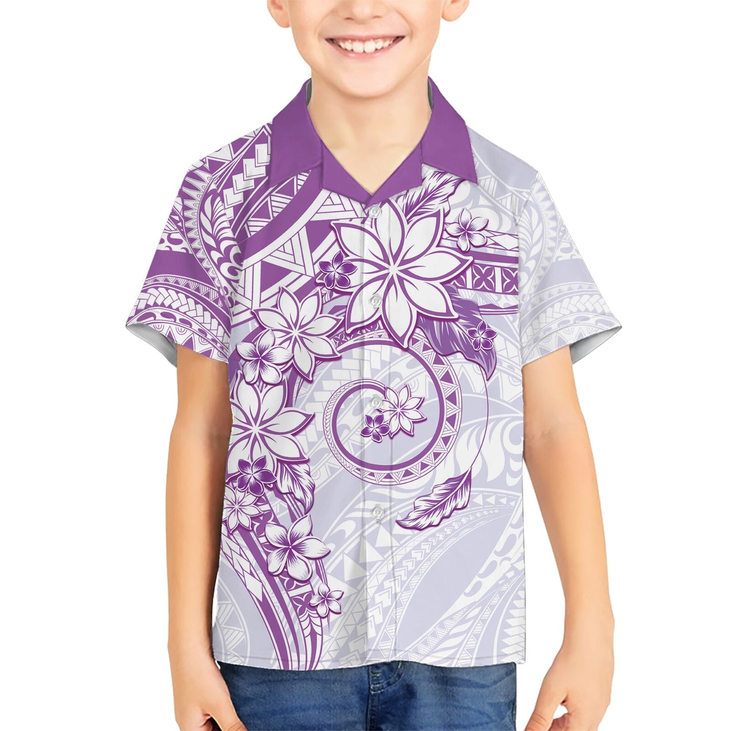 Polynesisches Muster mit Plumeria Blumen Hawaiihemd Lila LT05