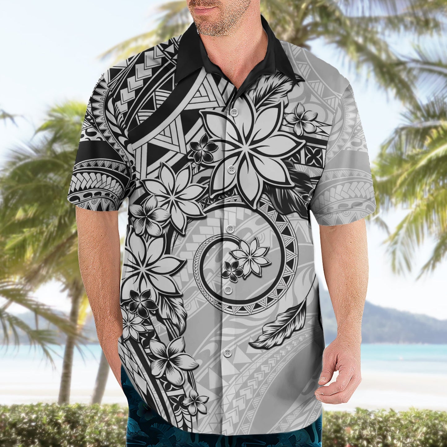 Polynesisches Muster mit Plumeria Blumen Hawaiihemd Weiß LT05