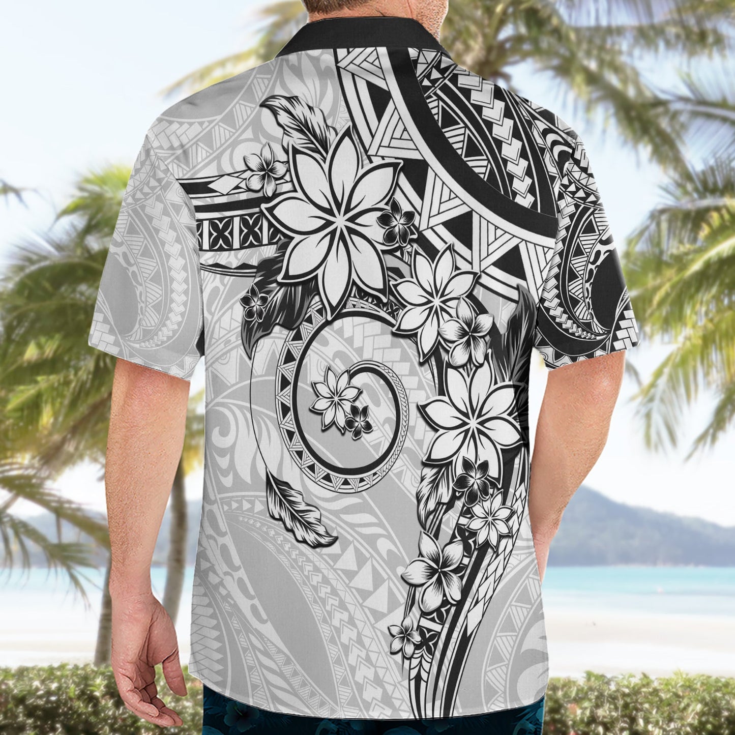 Polynesisches Muster mit Plumeria Blumen Hawaiihemd Weiß LT05