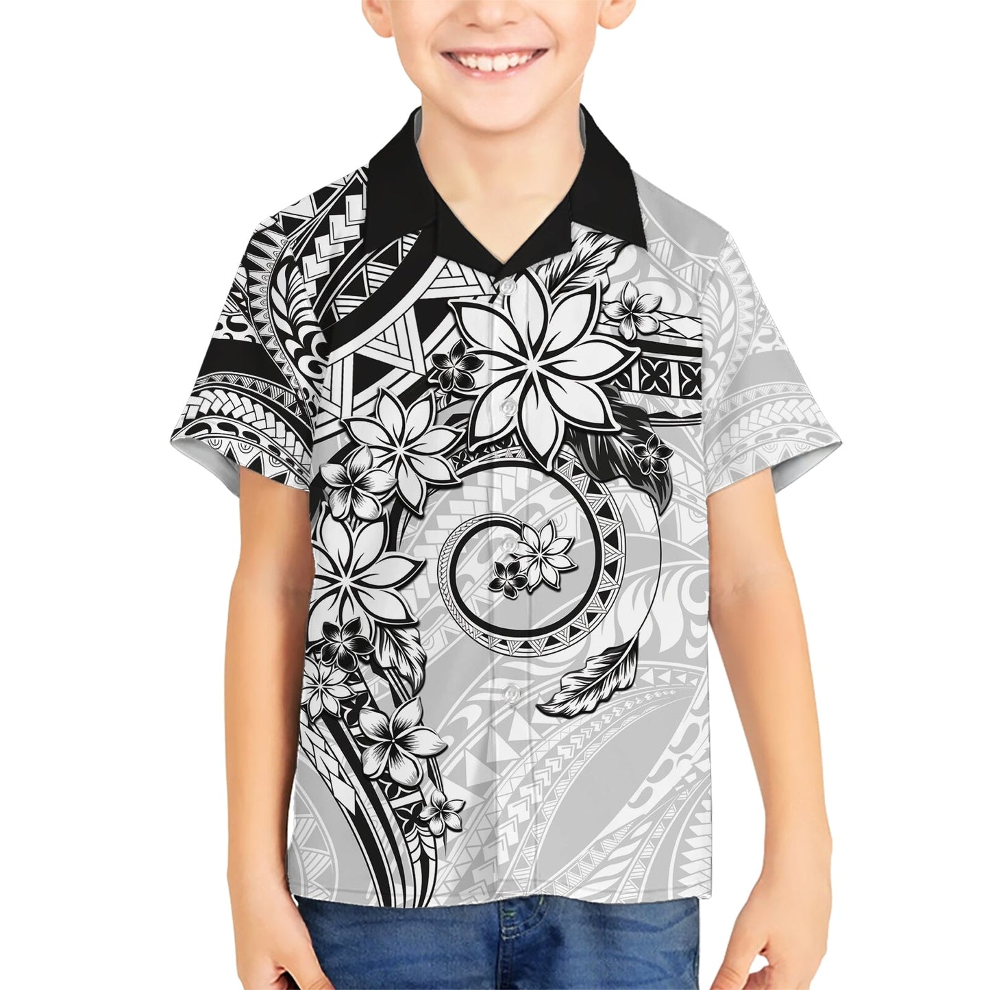 Polynesisches Muster mit Plumeria Blumen Hawaiihemd Weiß LT05