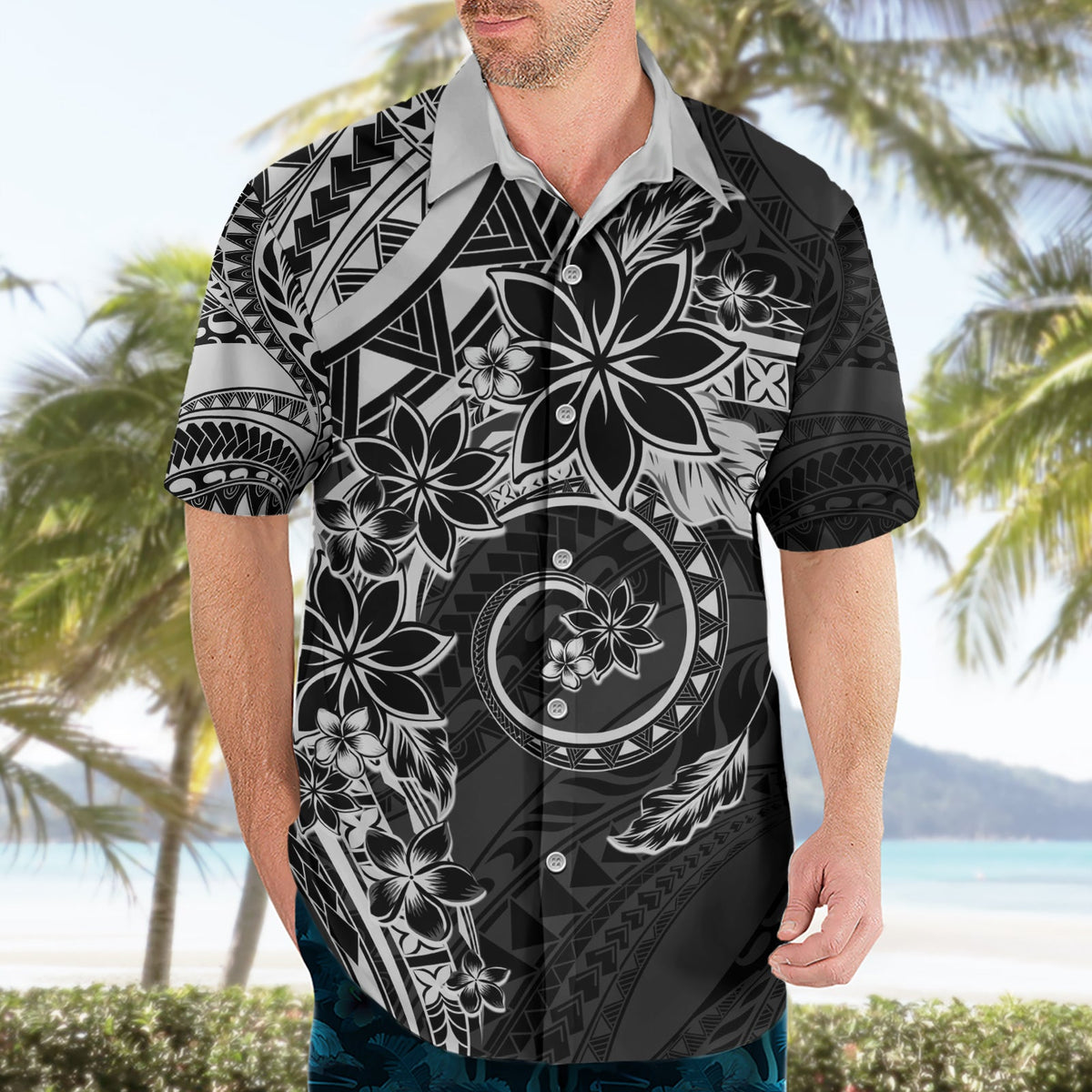 Polynesisches Muster mit Plumeria-Blumen Hawaiihemd Schwarz LT05