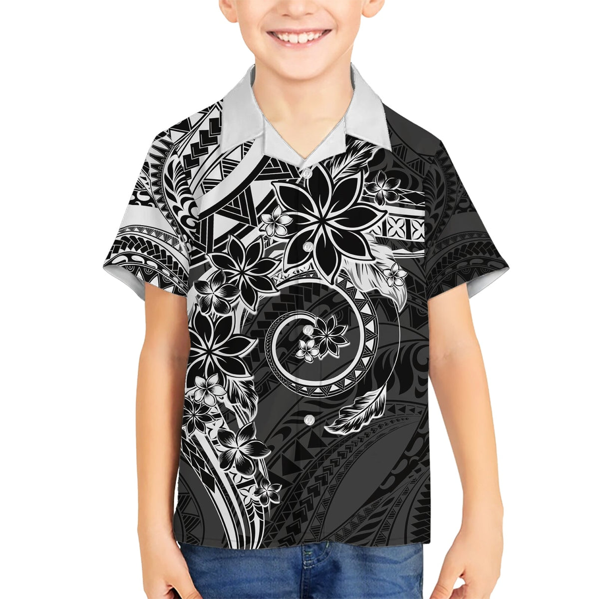 Polynesisches Muster mit Plumeria-Blumen Hawaiihemd Schwarz LT05