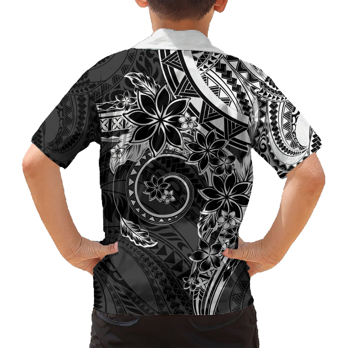 Polynesisches Muster mit Plumeria-Blumen Hawaiihemd Schwarz LT05