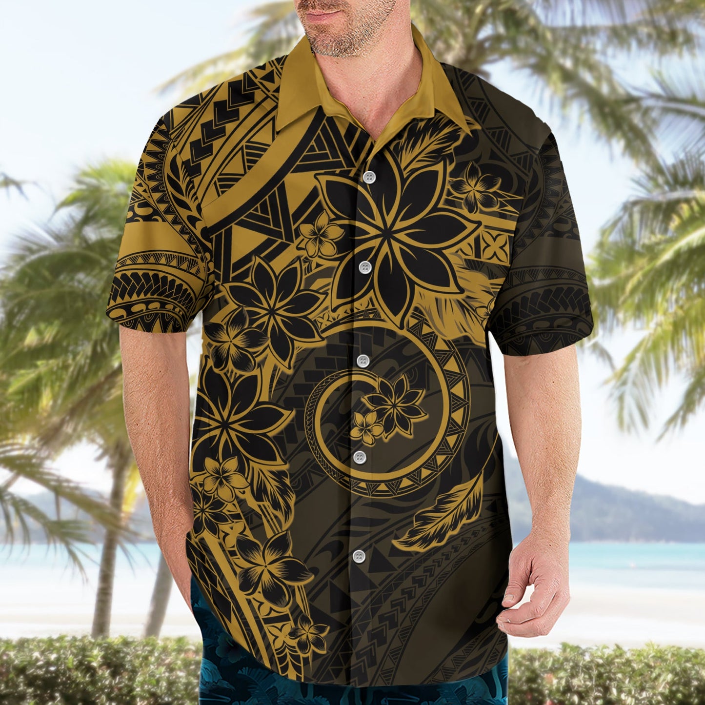 Polynesisches Sonnenuntergang Plumeria Hawaiihemd Gold Polynesian Tattoo LT05