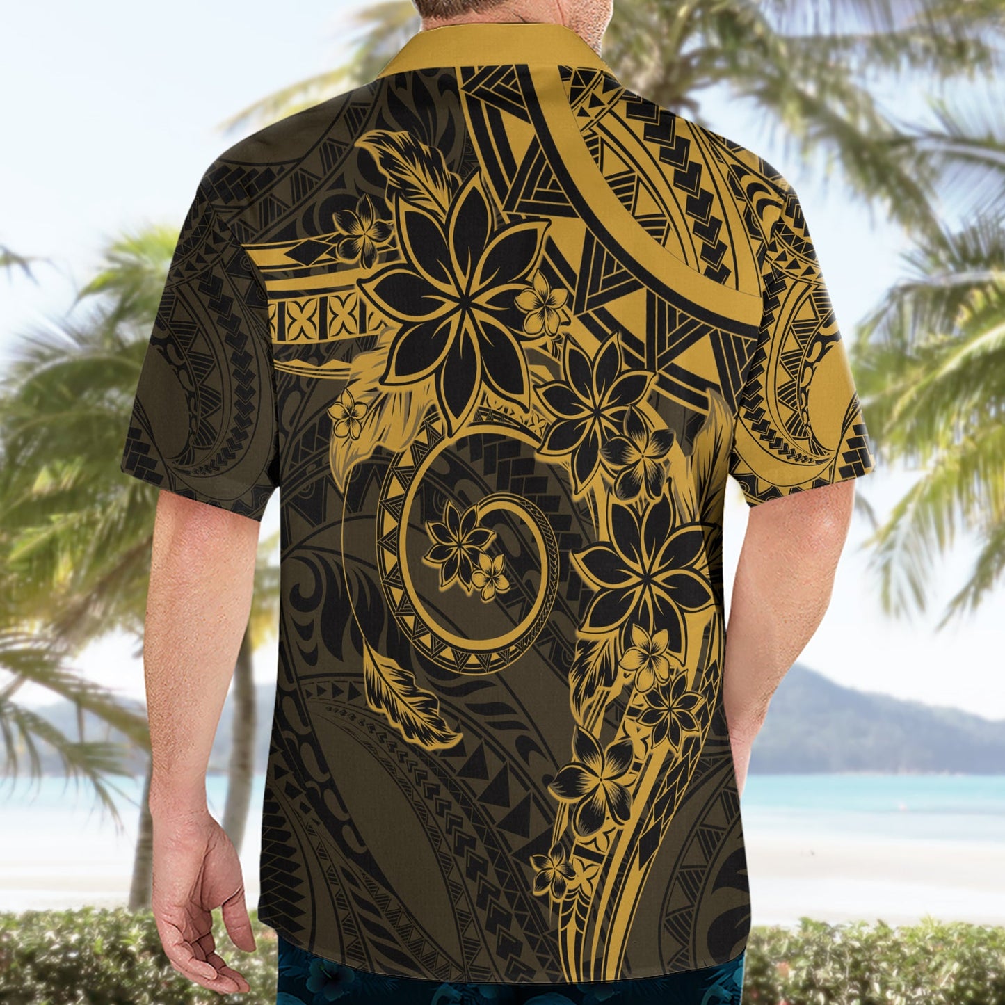 Polynesisches Sonnenuntergang Plumeria Hawaiihemd Gold Polynesian Tattoo LT05