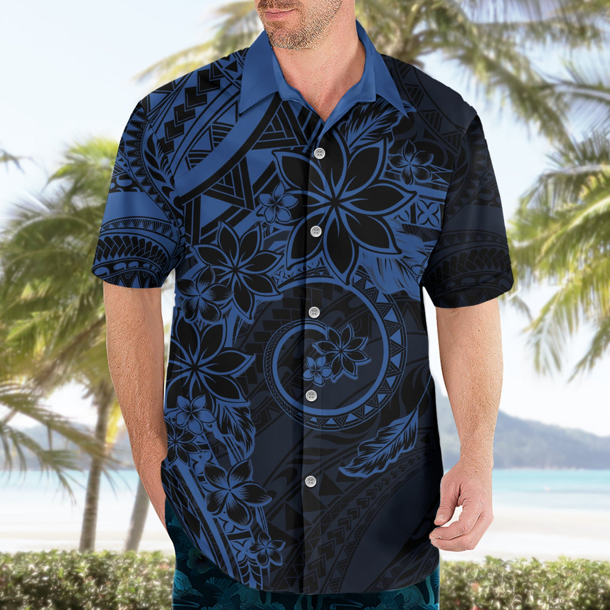 Polynesianisches Sonnenuntergang Plumeria Hawaiihemd Marine Polynesian Tattoo LT05