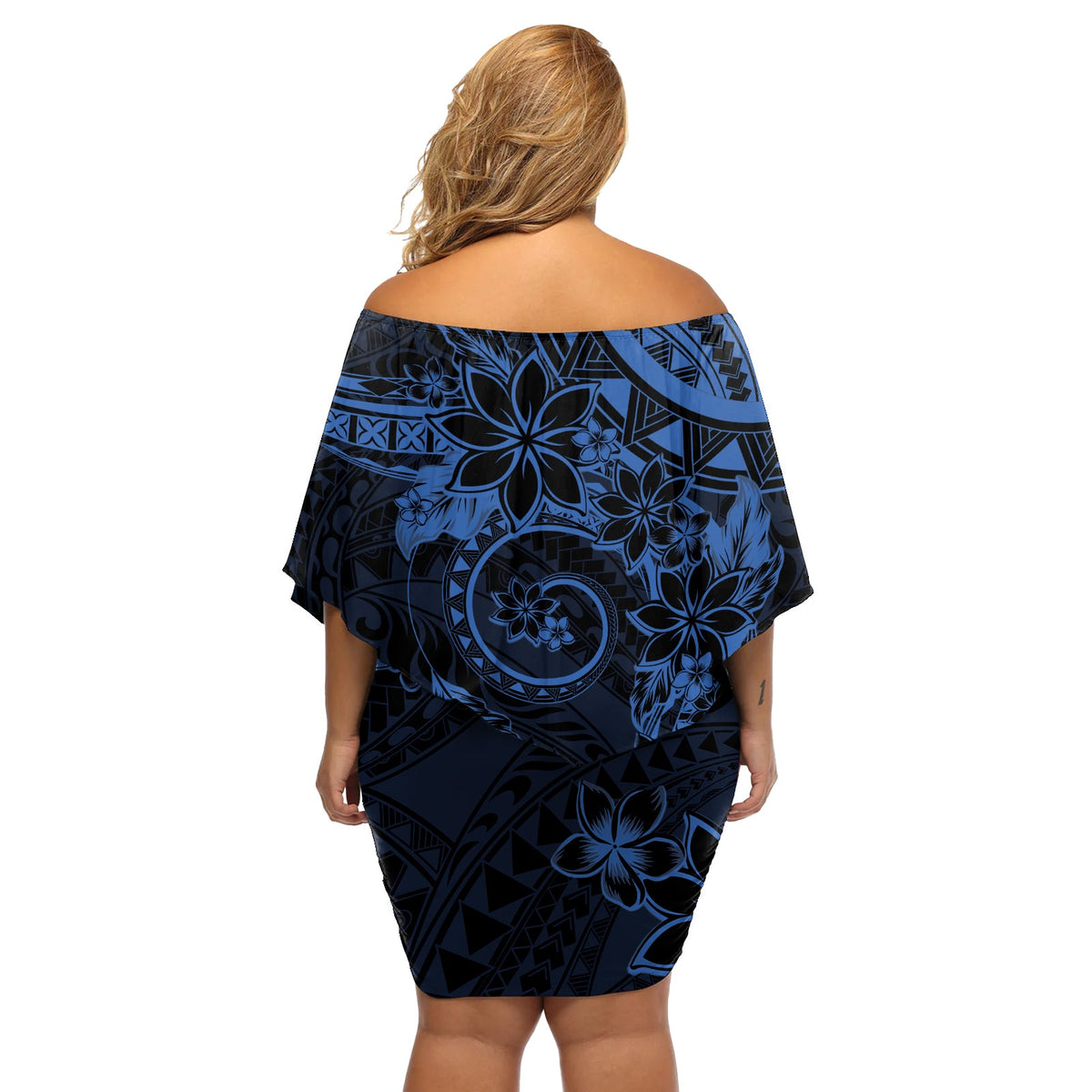 Polynesian Sunset Plumeria Off Shoulder Kurzes blumen kleid Navy Polynesian Tattoo LT05