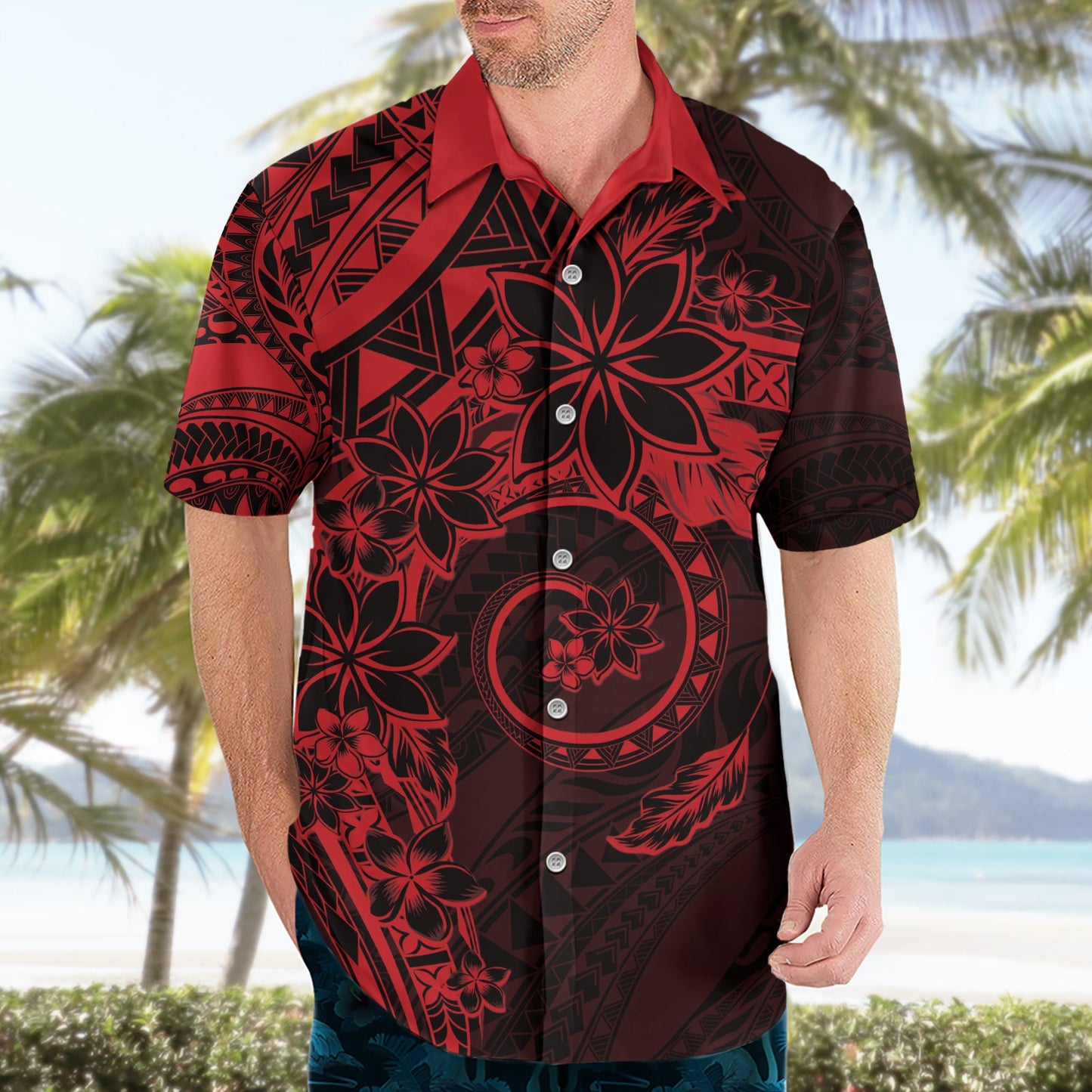 Polynesianisches Sonnenuntergang Plumeria Hawaiihemd Rot Polynesianisches Tattoo LT05