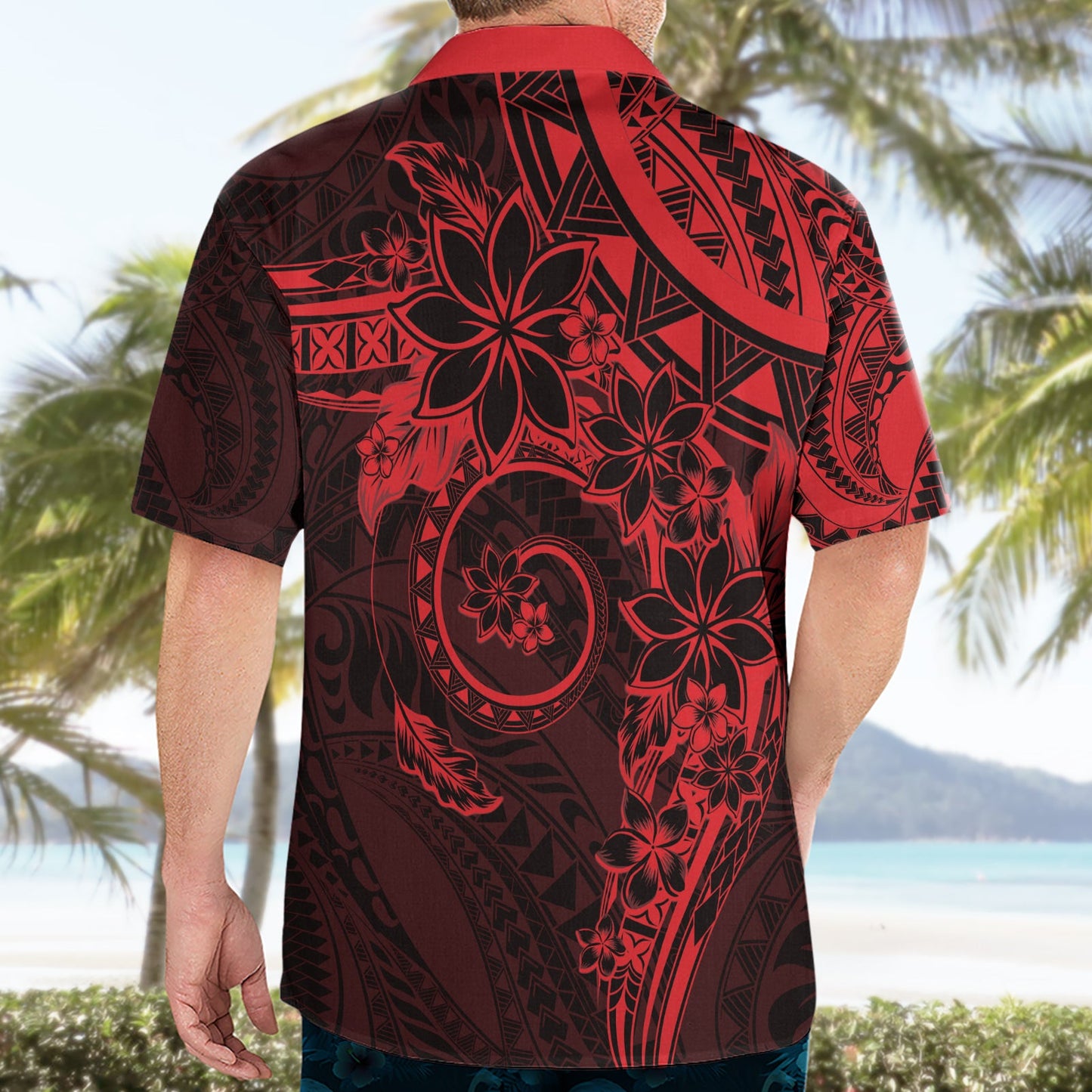 Polynesianisches Sonnenuntergang Plumeria Hawaiihemd Rot Polynesianisches Tattoo LT05