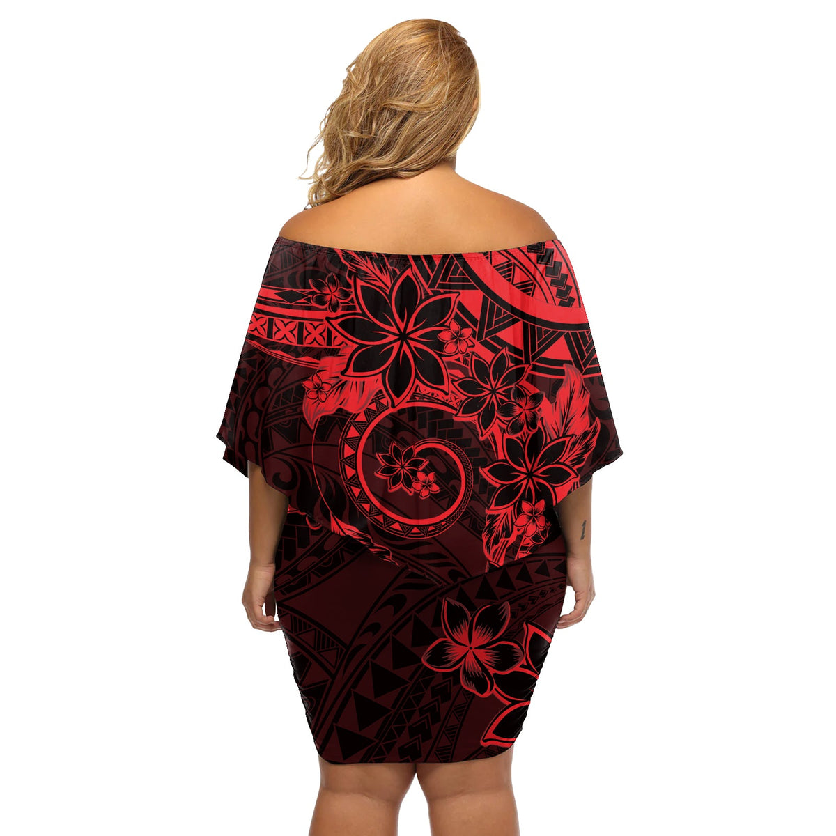 Polynesian Sunset Plumeria Off Shoulder Kurzes blumen kleid Rot Polynesian Tattoo LT05