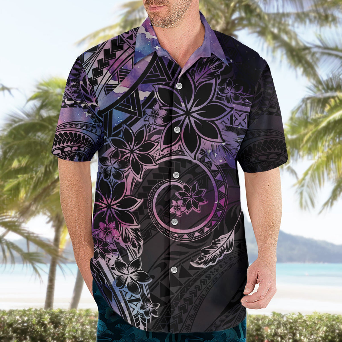 Polynesisches Sonnenuntergang Plumeria Hawaiihemd Galaxy Polynesian Tattoo LT05