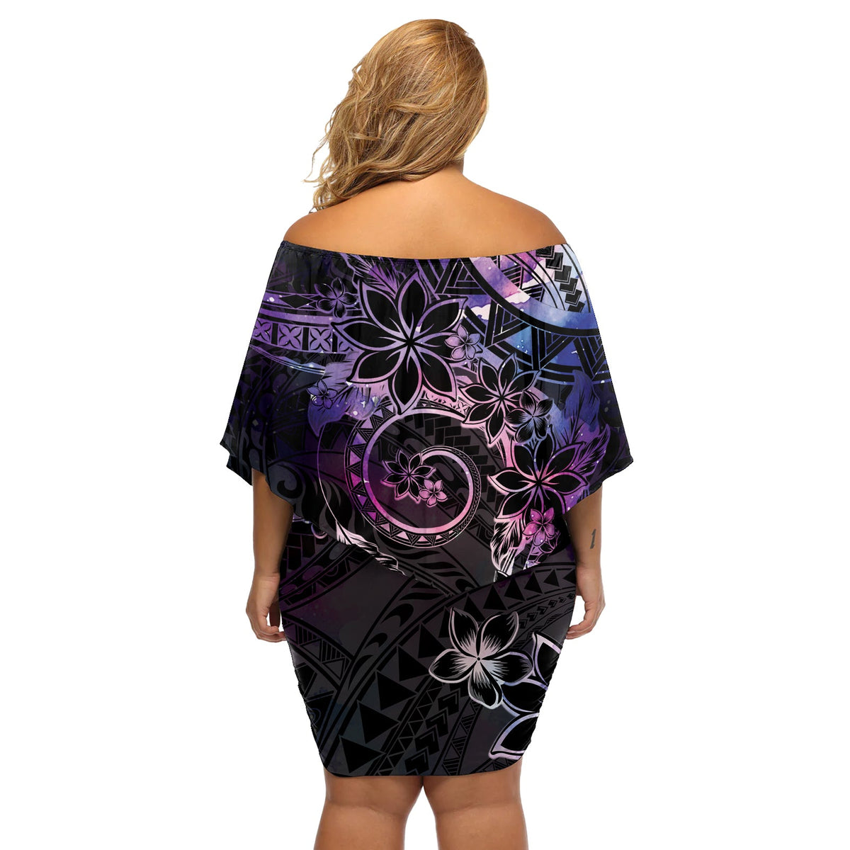Polynesian Sunset Plumeria Off Shoulder Kurzes blumen kleid Galaxy Polynesian Tattoo LT05