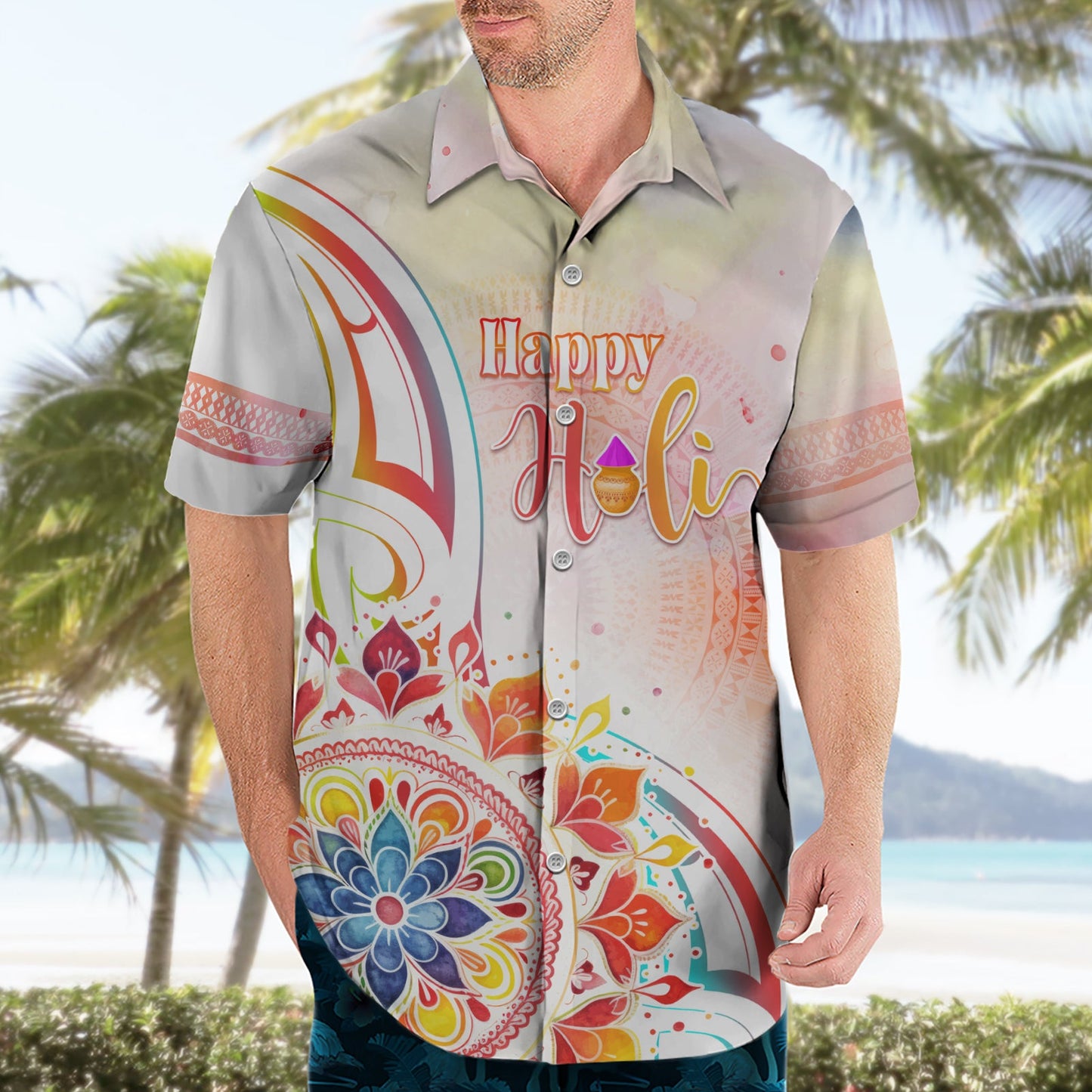 Happy Holi Festival Hawaiihemd Rangoli mit polynesischem Muster LT05