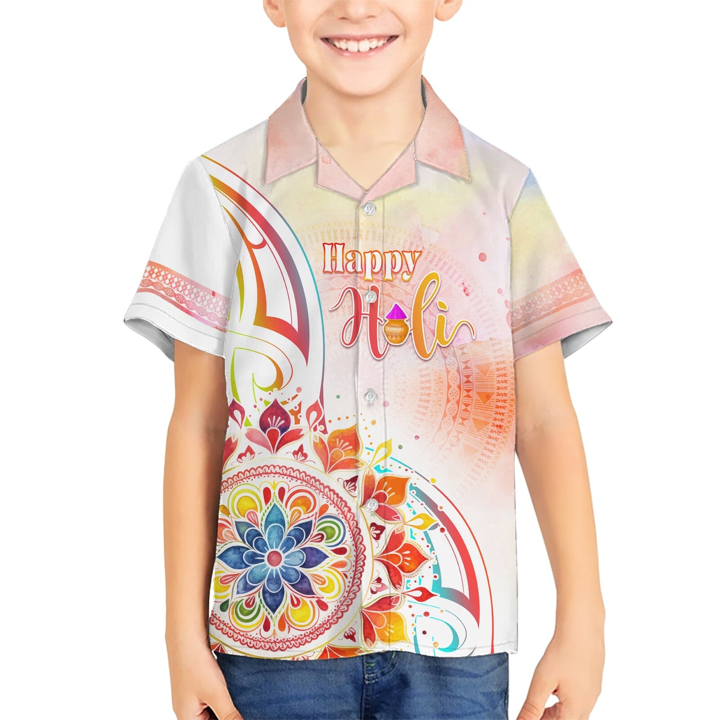 Happy Holi Festival Hawaiihemd Rangoli mit polynesischem Muster LT05