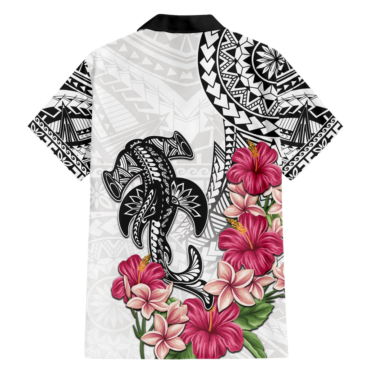 Weißes Hawaiihemd mit polynesischem Hammerhai-Tribal-Muster LT05