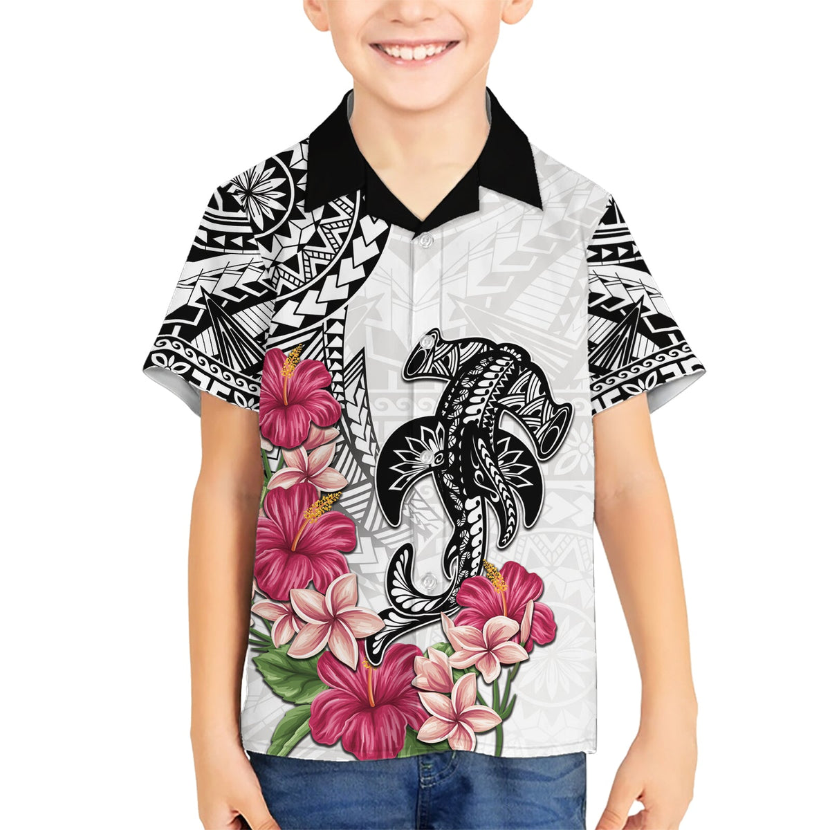 Weißes Hawaiihemd mit polynesischem Hammerhai-Tribal-Muster LT05