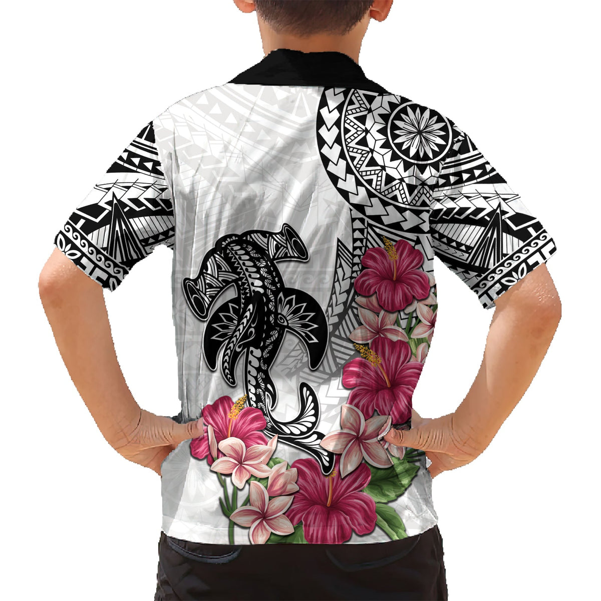 Weißes Hawaiihemd mit polynesischem Hammerhai-Tribal-Muster LT05
