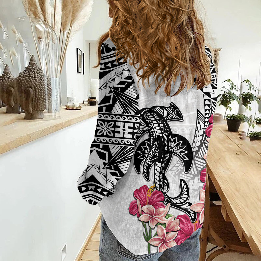 Weißes polynesisches Hammerhai-Tribal-Muster Damen Freizeithemd LT05