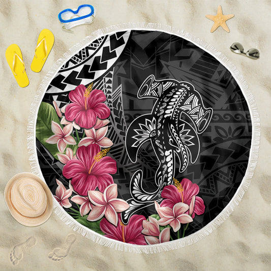 Black Polynesian Hammerhead Shark Tribal Pattern Beach Blanket