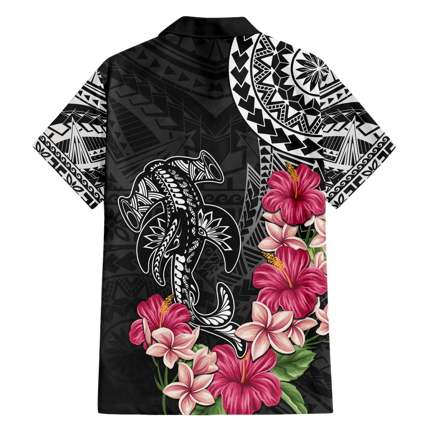 Schwarzes Hawaiihemd mit polynesischem Hammerhai-Tribal-Muster LT05